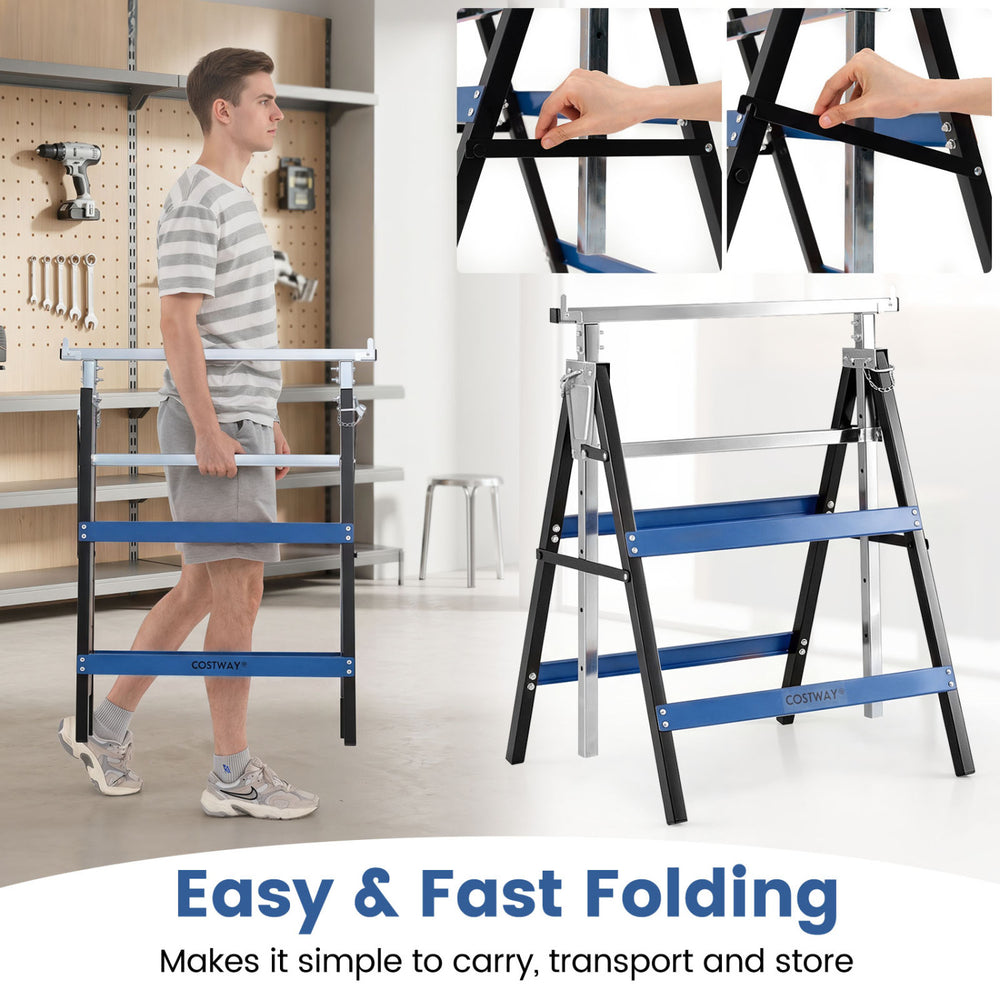 Heavy duty metal folding saw horses in blue with adjustable height, designed for stability and easy transport.