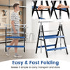 Heavy duty metal folding saw horses in blue with adjustable height, designed for stability and easy transport.