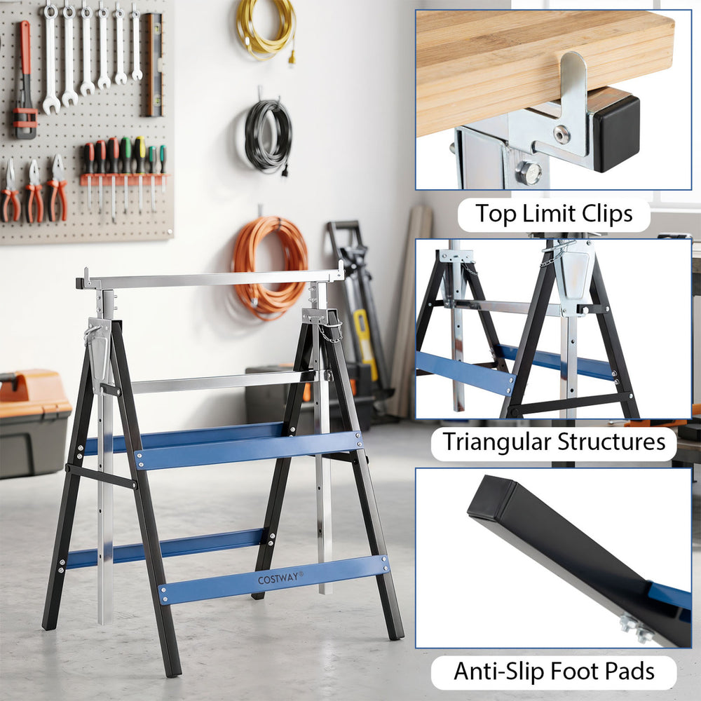 Heavy duty metal folding saw horses in blue with adjustable height, triangular structures, and anti-slip foot pads for stability.