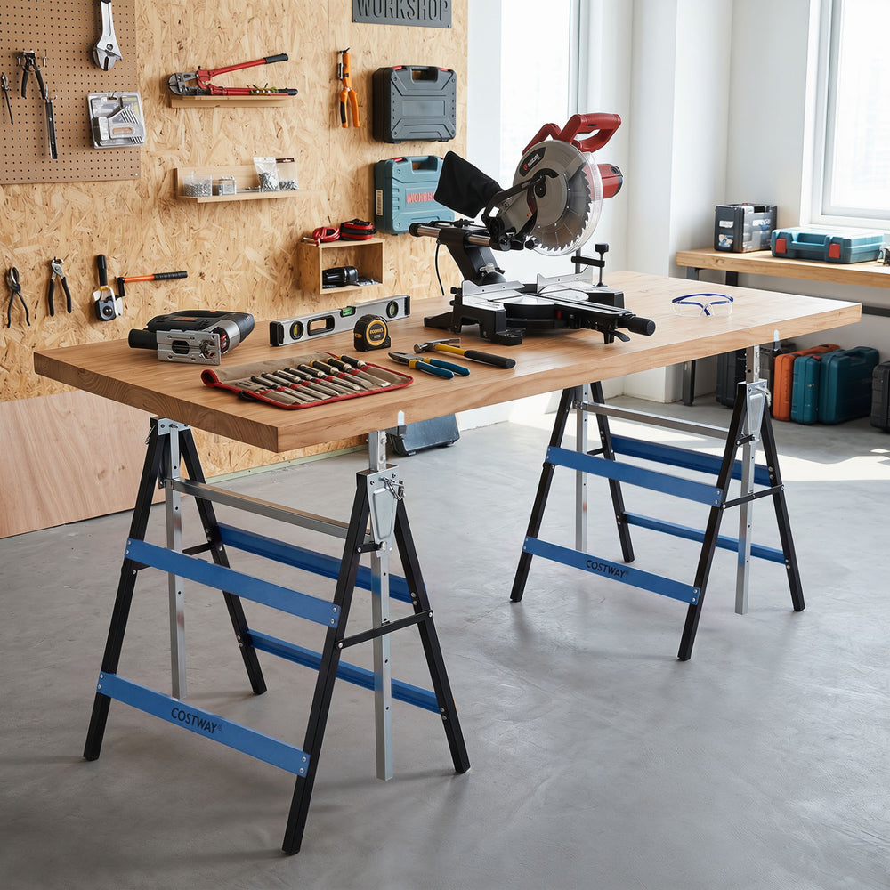 Heavy duty metal folding saw horses in blue with adjustable height, ideal for contractors and DIY users in workshops.