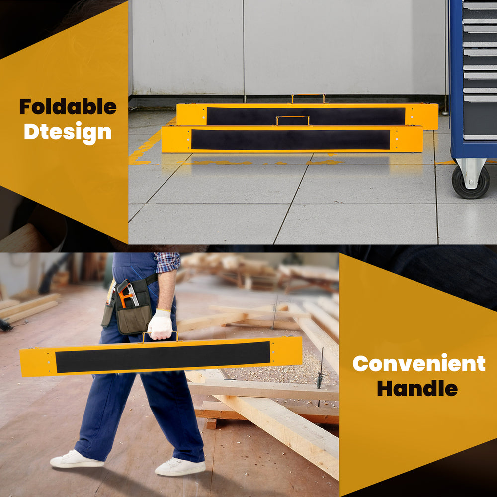Heavy-duty steel sawhorse with folding legs, portable design, and convenient handle for easy transport and storage.