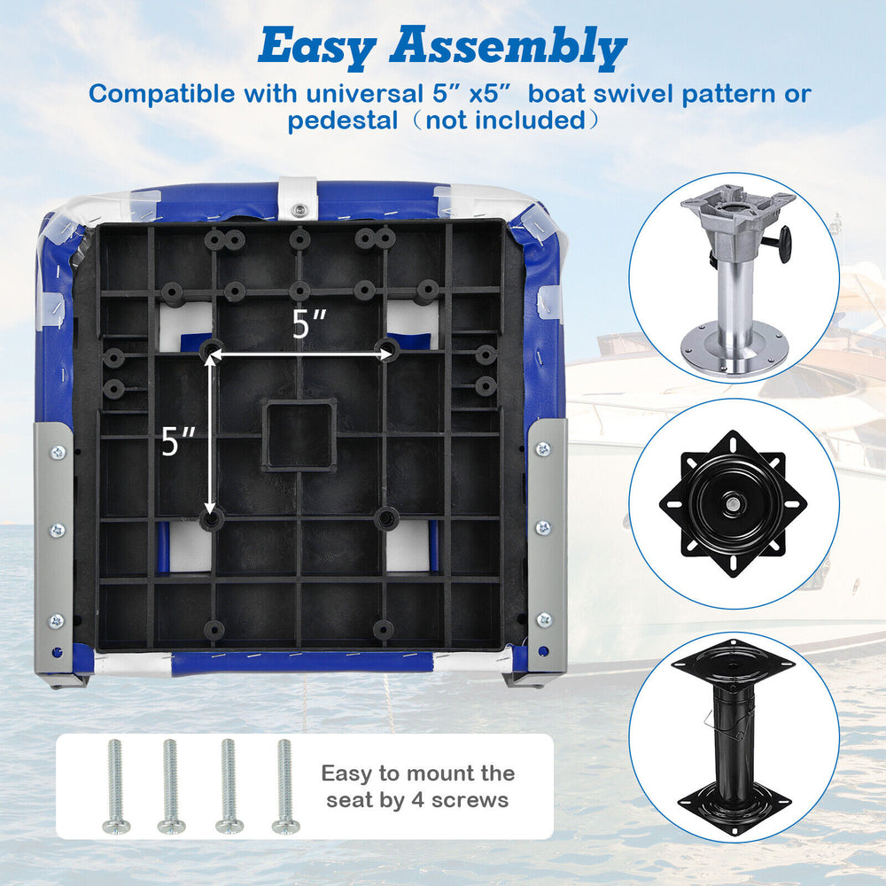 High back folding boat seat base with easy assembly, compatible with 4-bolt swivel, durable waterproof PVC.