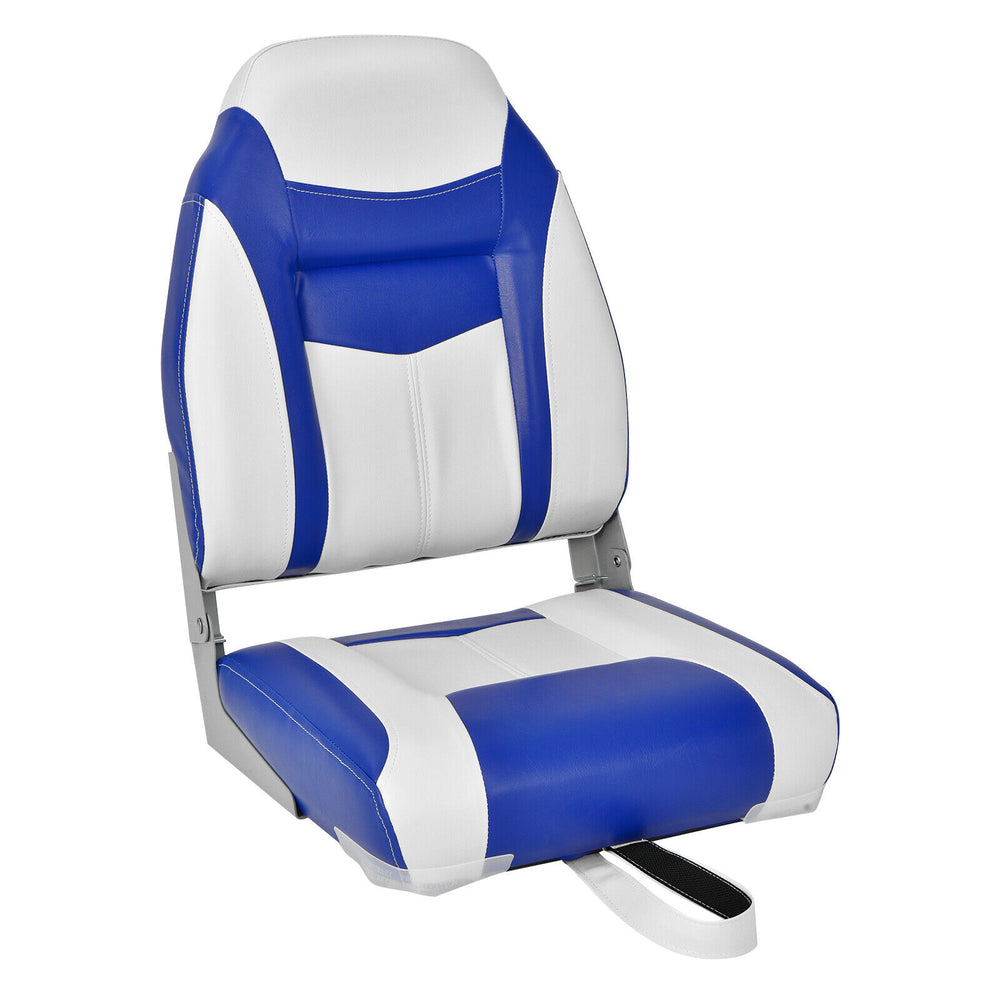 High back folding boat seat in blue and white with sponge cushion, ergonomic support, and durable waterproof PVC.