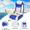 High back folding boat seat in blue with sponge cushion, durable aluminum frame, and ergonomic design for comfort.