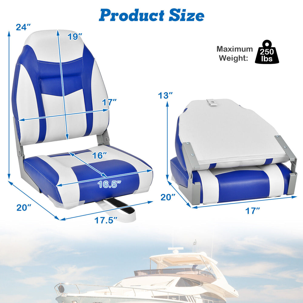 High back folding boat seat set in blue, featuring ergonomic design and durable PVC, ideal for outdoor use.