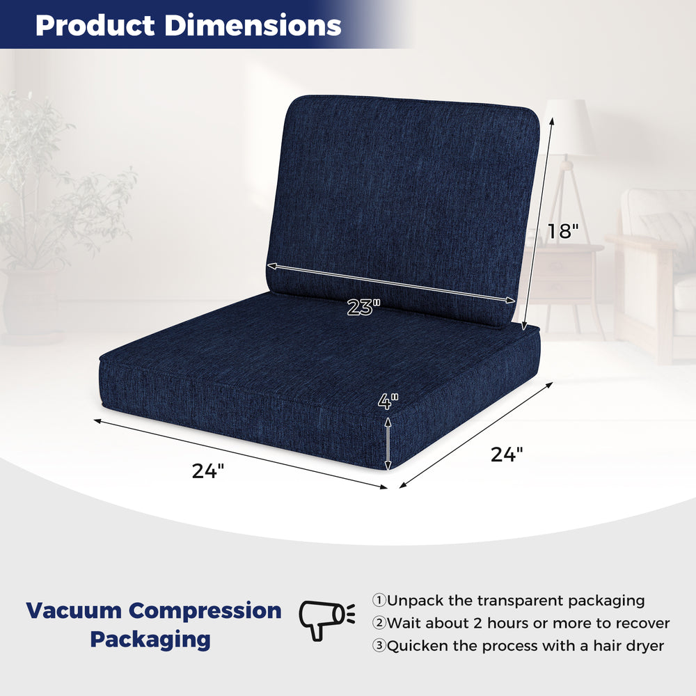Navy outdoor patio cushion set showing dimensions, featuring removable covers and crafted from breathable olefin fabric.