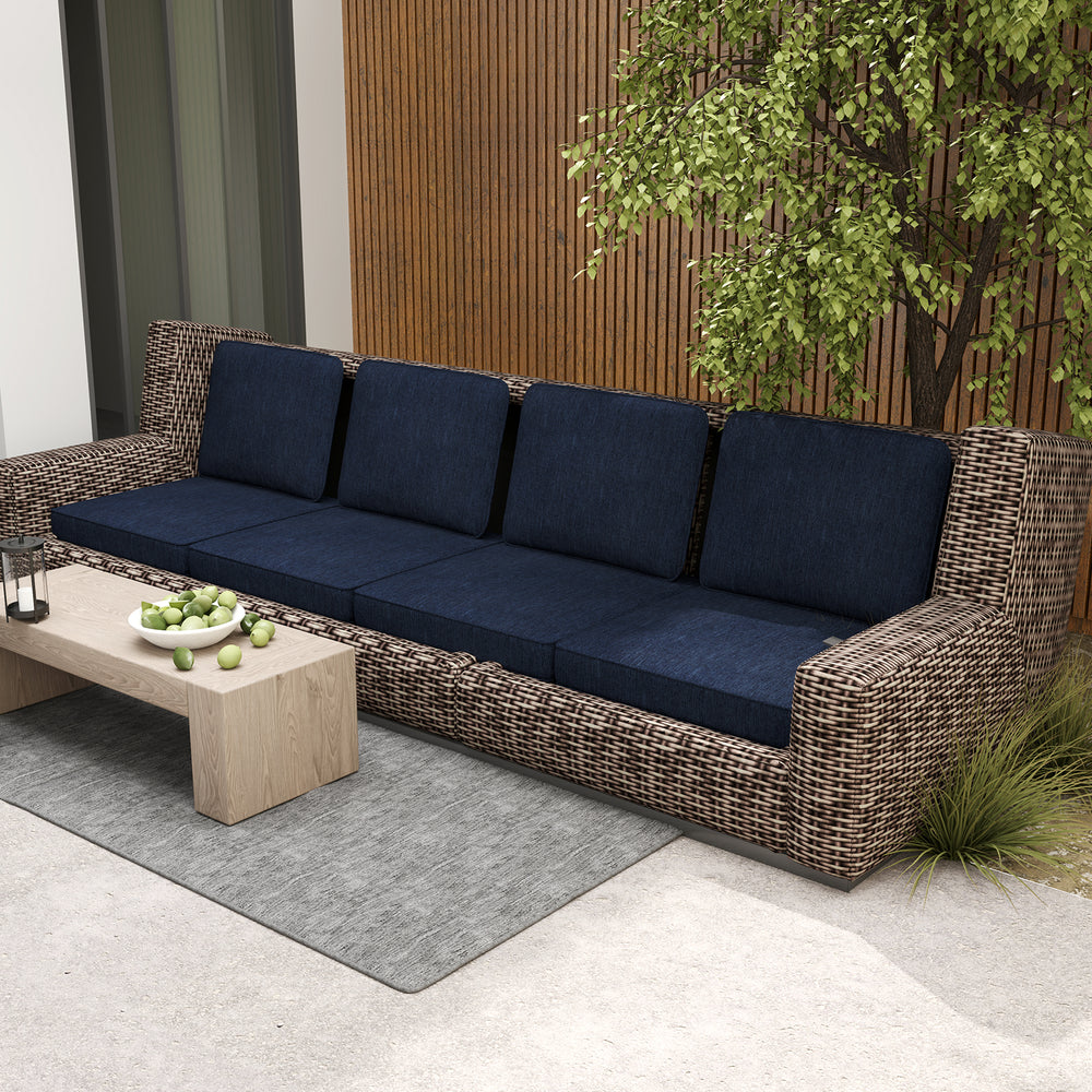 Navy outdoor patio cushion set with removable covers, featuring breathable olefin fabric for comfort and durability.