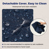 Navy outdoor patio cushion set with removable, waterproof covers, featuring breathable olefin fabric for easy cleaning.