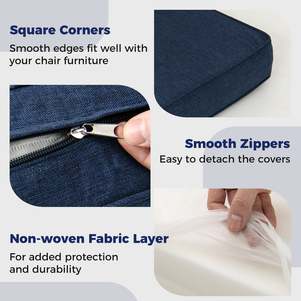 Close-up of the navy outdoor patio cushion set showcasing smooth zippers and square corners for a perfect fit.