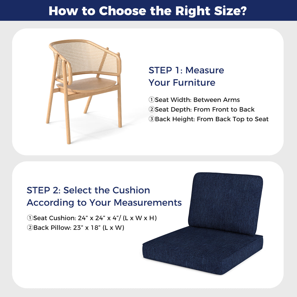 Navy outdoor patio cushion set featuring a large seat cushion and back pillow, crafted from breathable olefin fabric.