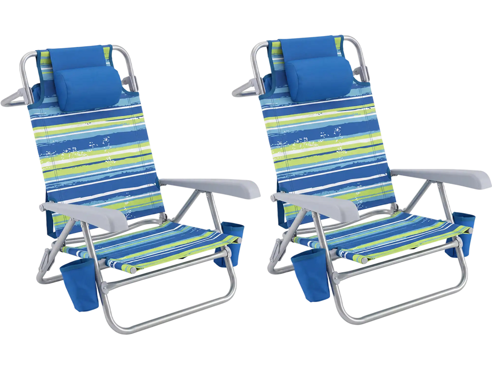 Two Goplus beach chairs in blue with 7-position backrests, cup holders, and cooler bags for outdoor relaxation.