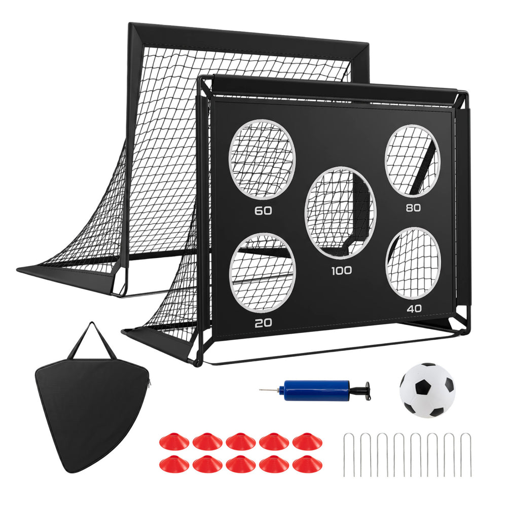 Portable 4 x 3 FT soccer goals set with pitch marker cloth, cones, and sturdy frame for indoor and outdoor play.