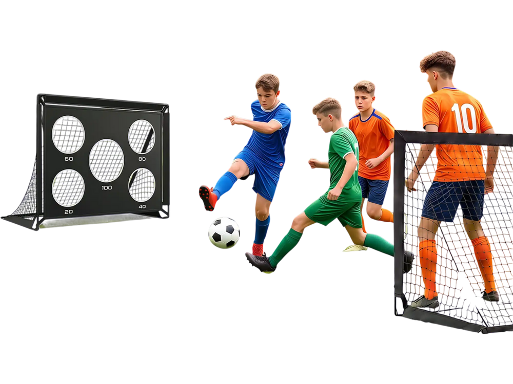 Portable 4 x 3 FT soccer goals set with target practice, pitch marker cloth, and cones for outdoor play and training.