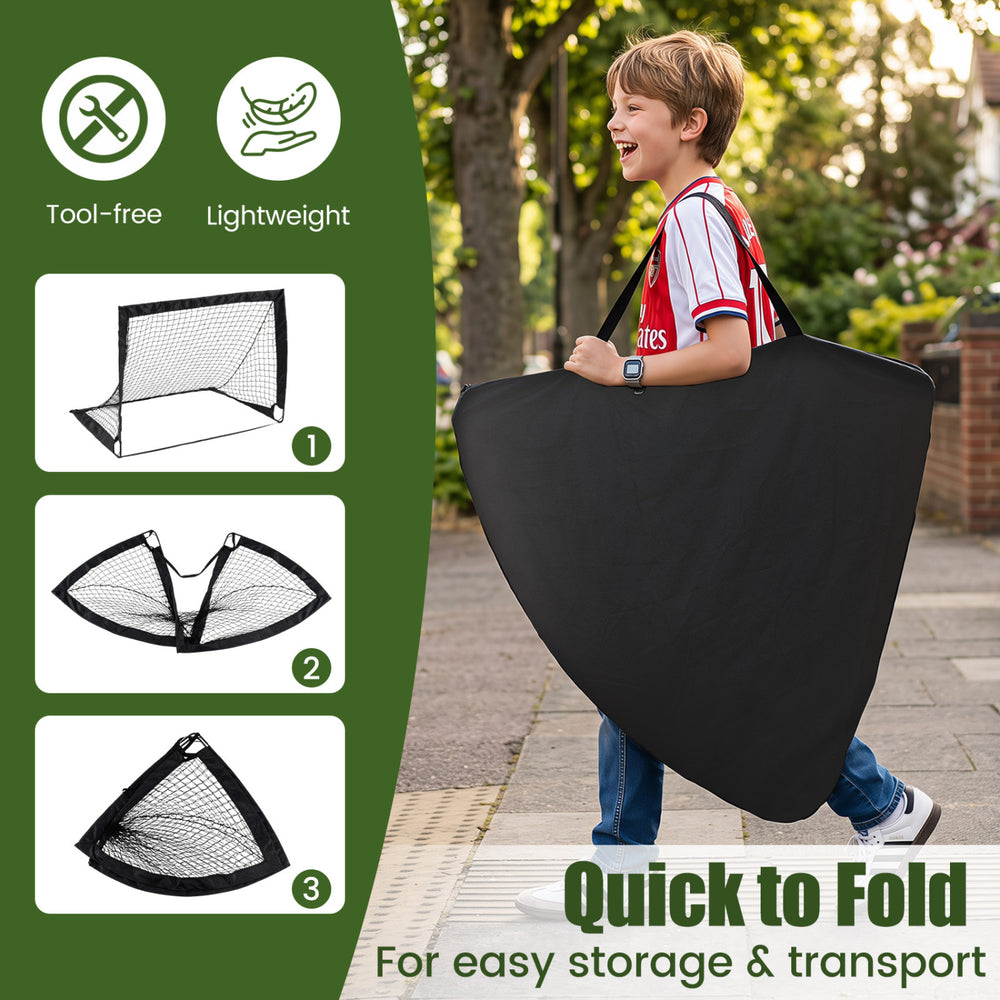 Lightweight 4 x 3 FT portable soccer goals set with pitch marker cloth and cones, quick to fold for easy transport.