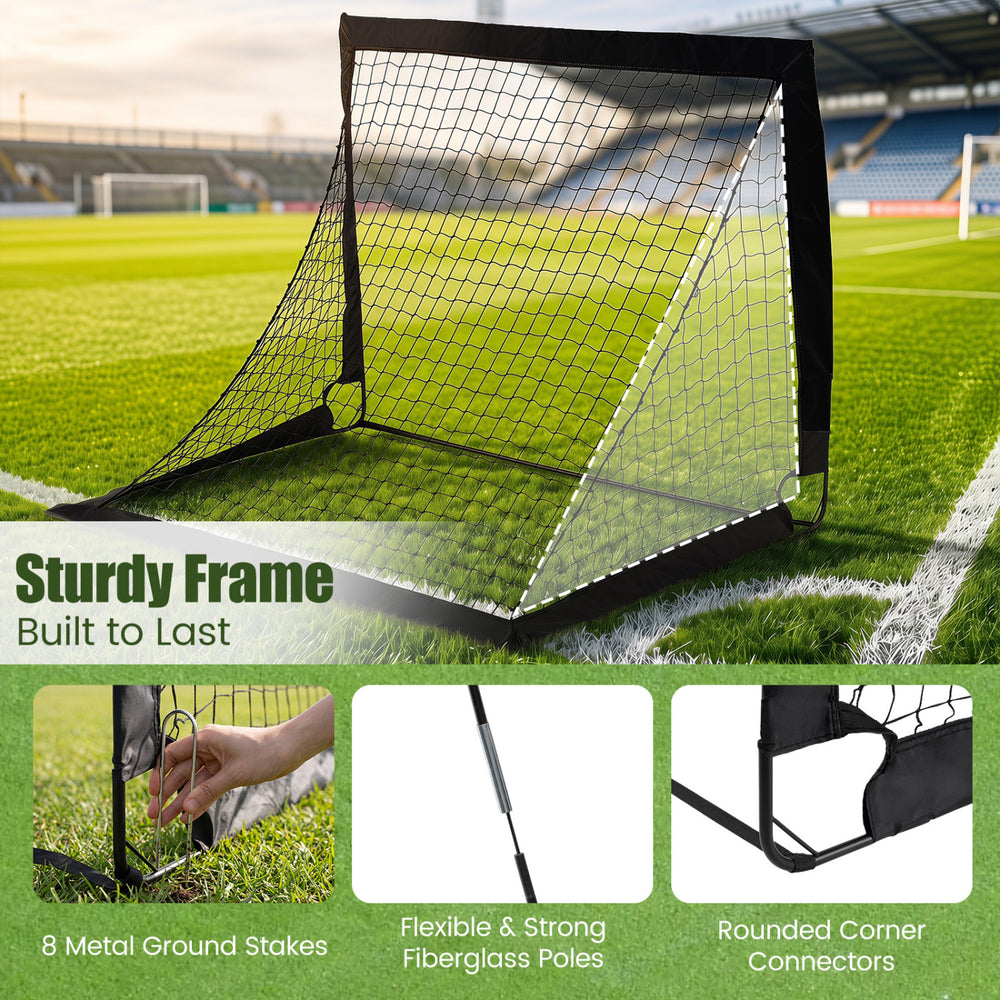 Portable 4 x 3 FT soccer goal set with sturdy frame, flexible fiberglass poles, and 8 metal ground stakes for stability.