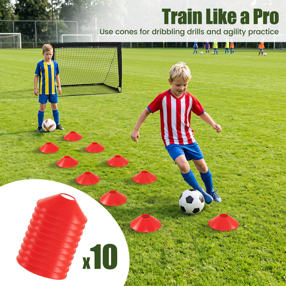 Red training cones for dribbling drills and agility practice, included in the portable soccer goals set with pitch marker cloth.