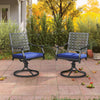 Two swivel outdoor chairs with navy soft cushions and round steel bases, perfect for balcony or poolside relaxation.
