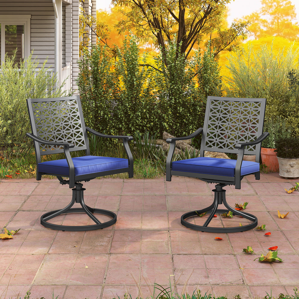 Two swivel outdoor chairs with navy soft cushions and round steel bases, perfect for balcony or poolside relaxation.