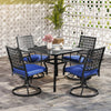 Swivel outdoor chairs with navy cushions and steel base, perfect for backyard or poolside relaxation.