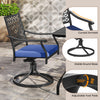 Swivel outdoor chair with navy cushion, curved armrest, and stable round steel base, ideal for balcony or poolside use.