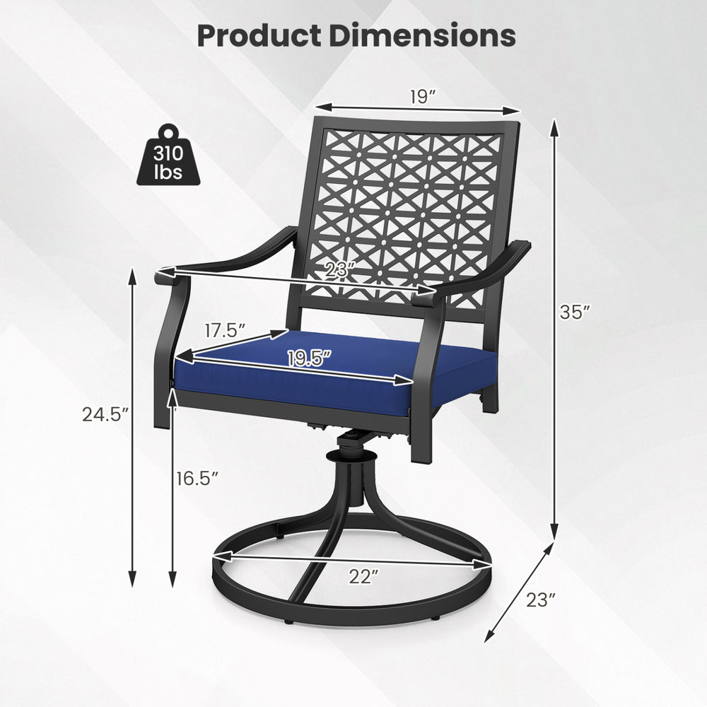 Swivel outdoor chair dimensions with navy cushion, steel base, and ergonomic design for comfort and stability.