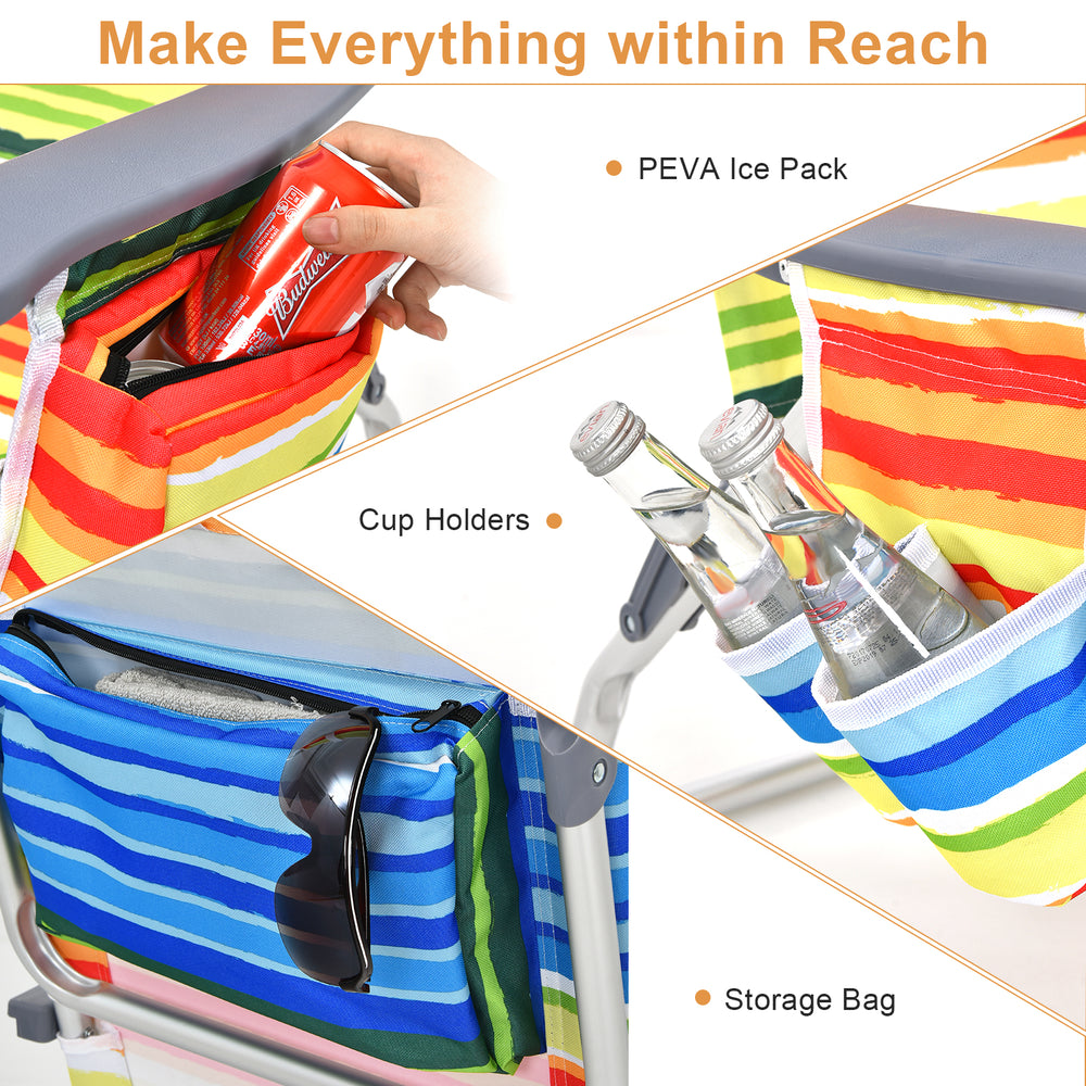 Cup holders and storage bag on the 5-position outdoor folding beach chair set for convenient use during outdoor.