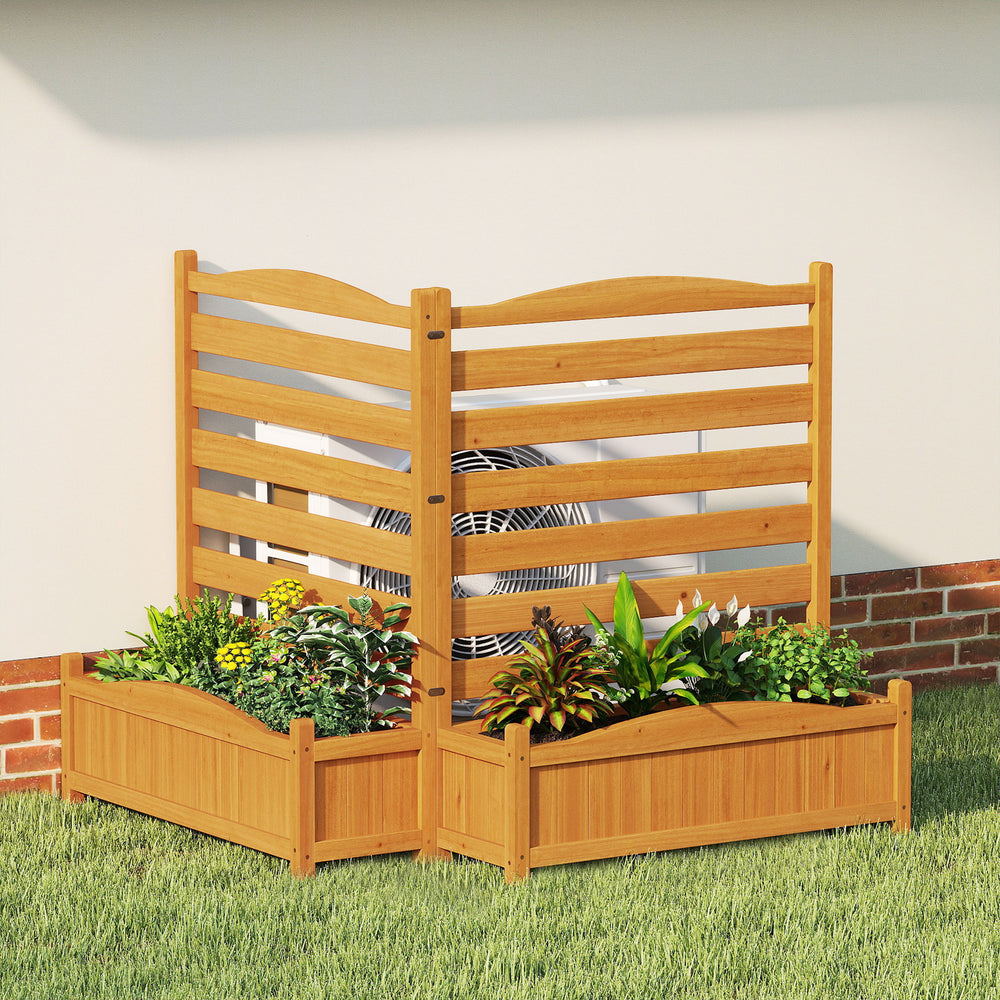 Freestanding outdoor wood privacy screen with built-in planter boxes, crafted from natural fir, ideal for concealing AC.