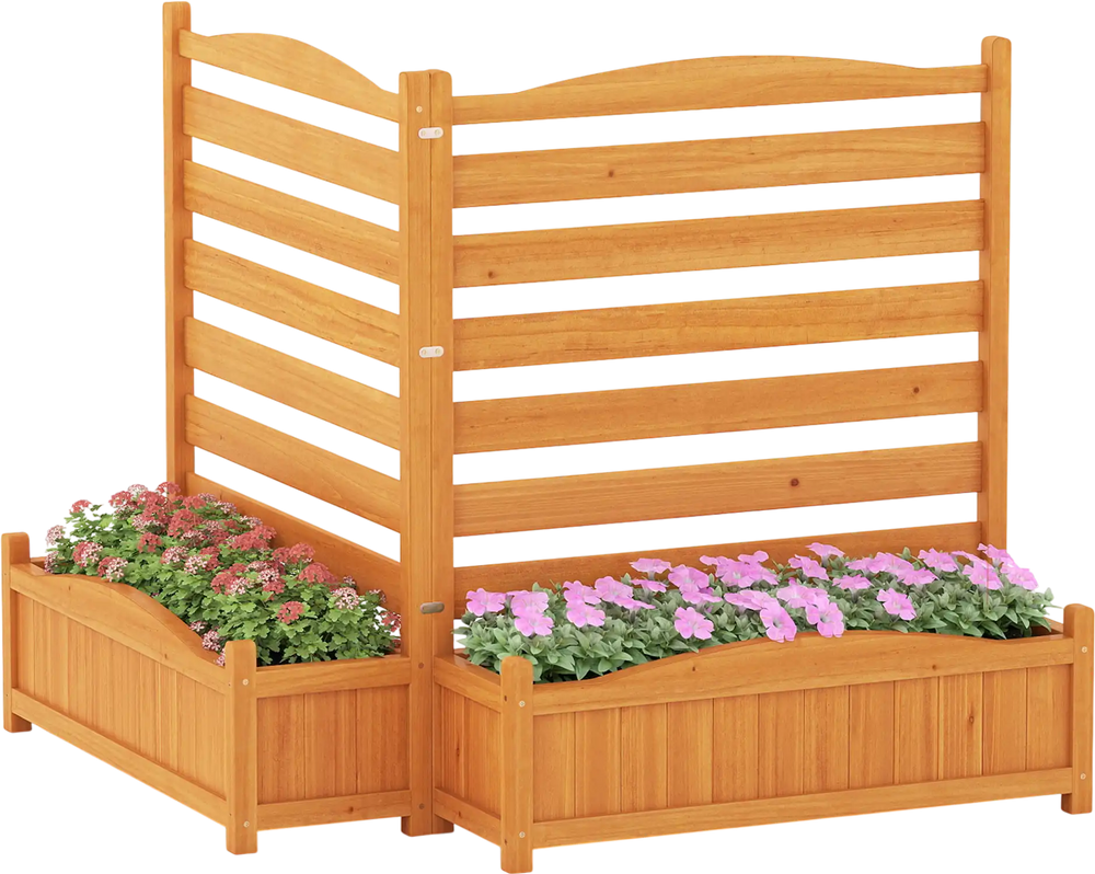 Freestanding outdoor wood privacy screen with built-in planter boxes, crafted from natural fir wood for durability.