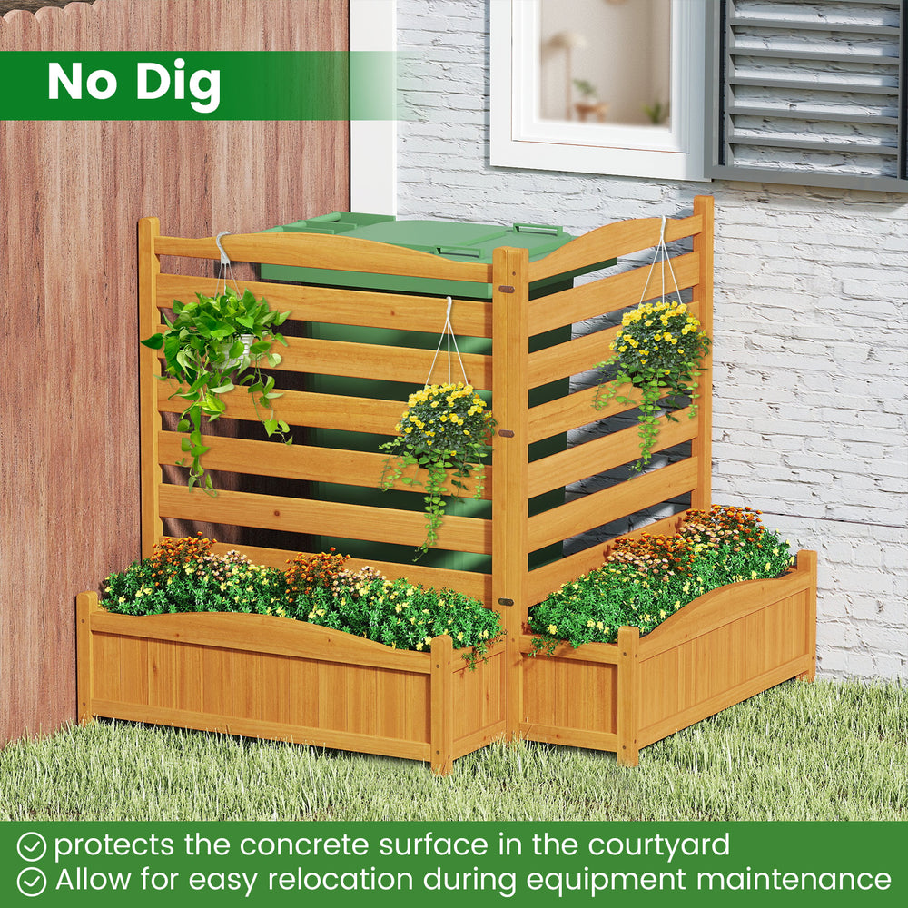 Freestanding outdoor wood privacy screen with built-in planter boxes, crafted from natural fir wood for versatile.
