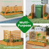 Freestanding outdoor wood privacy screen with slatted panels and built-in planter boxes for versatile garden use.