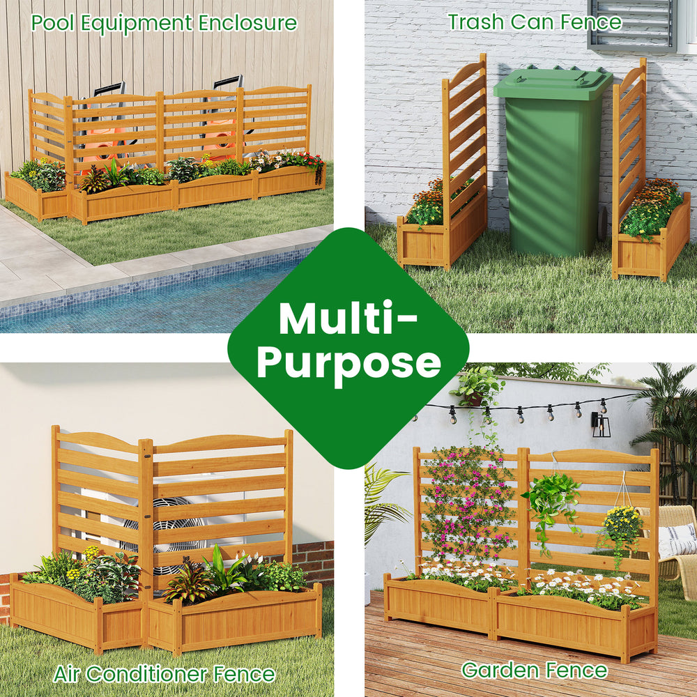 Freestanding outdoor wood privacy screen with slatted panels and built-in planter boxes for versatile garden use.