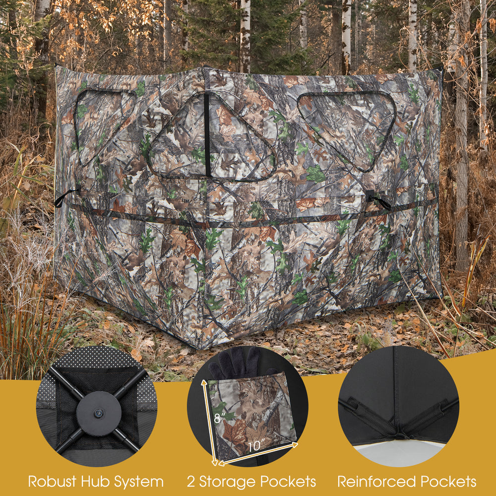 2-Panel hunting ground blind with camouflage design, featuring 3 shooting windows and reinforced pockets for outdoor.