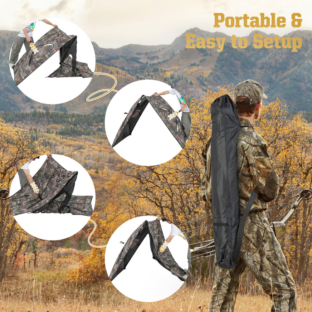 Portable 2-panel hunting ground blind with carrying bag, featuring waterproof fabric and secure wind ropes for.