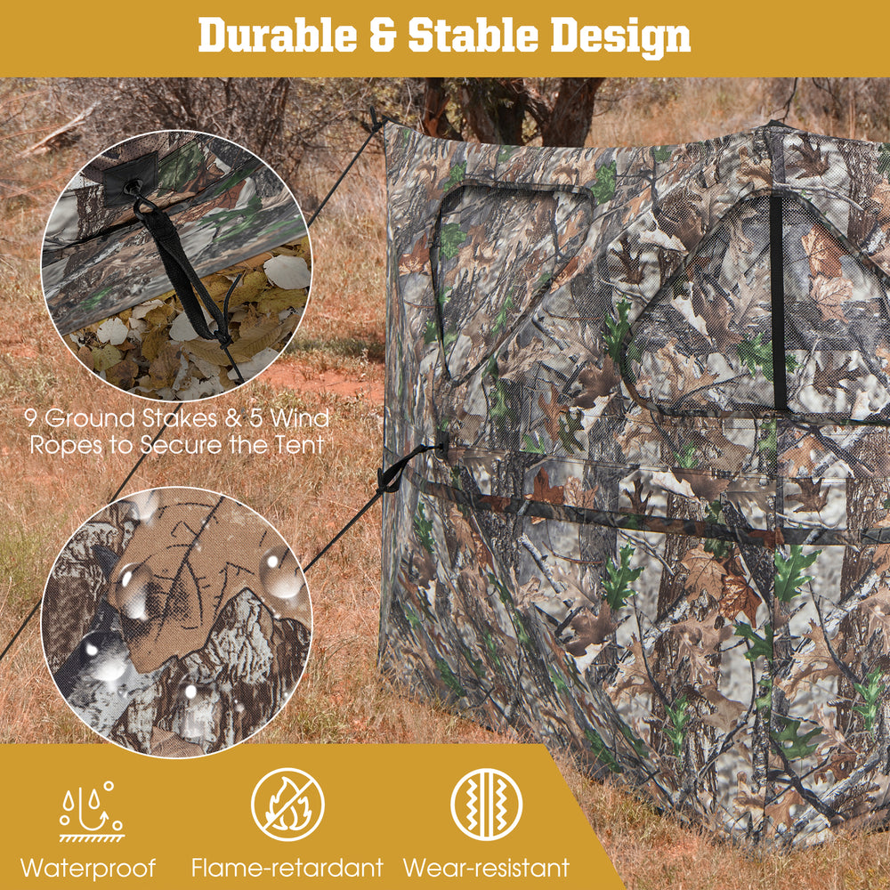 2-panel hunting ground blind with camouflage design, featuring 3 shooting ports, waterproof fabric, and secure stakes.