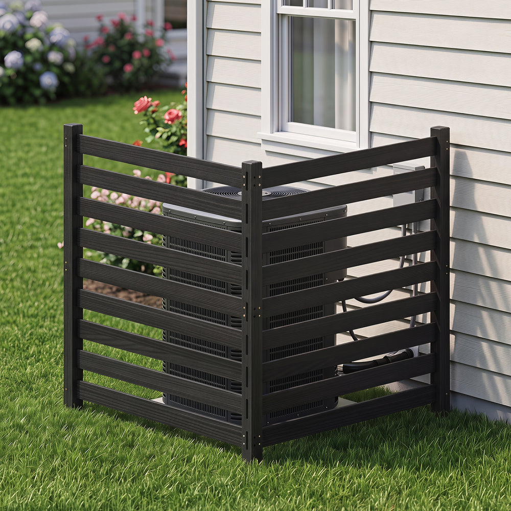 Black 2-panel wooden outdoor privacy fence with slatted design, ideal for enclosing AC units and providing ventilation.