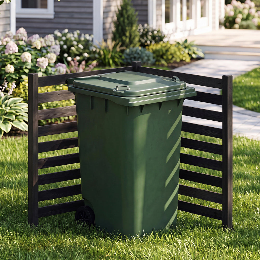 Wooden outdoor privacy fence in black surrounds a green trash can, providing ventilation and decorative coverage.