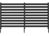 Black 2-panel wooden outdoor privacy fence with slatted design and ground stakes for secure installation in various layouts.