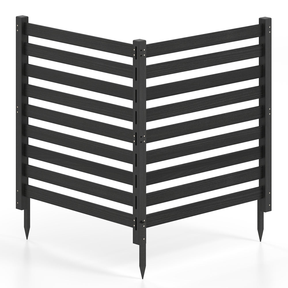 Black 2-panel wooden outdoor privacy fence with slatted design, ideal for enclosing AC units or trash cans.