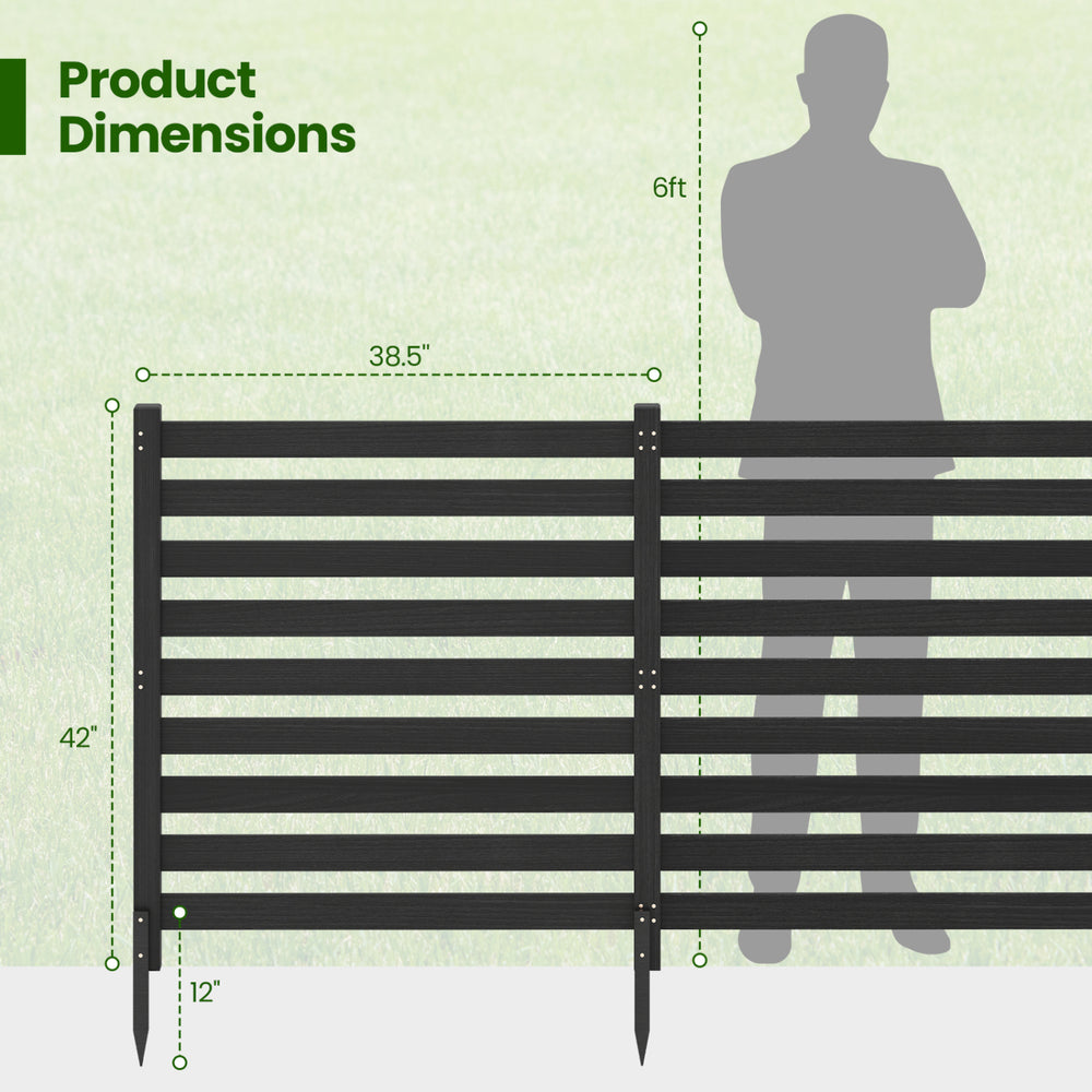 Two-panel black wooden outdoor privacy fence with dimensions 38.5" x 42" and robust ground stakes for secure installation.