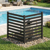 Black 2-panel wooden outdoor privacy fence with slatted design, ideal for enclosing pool pumps or AC units.