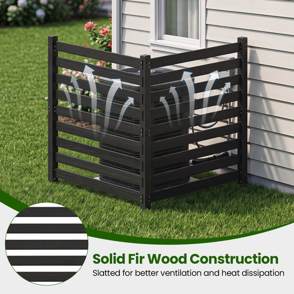 2-panel outdoor privacy fence in black, made of solid fir wood, slatted for ventilation, ideal for enclosing AC units or trash cans.