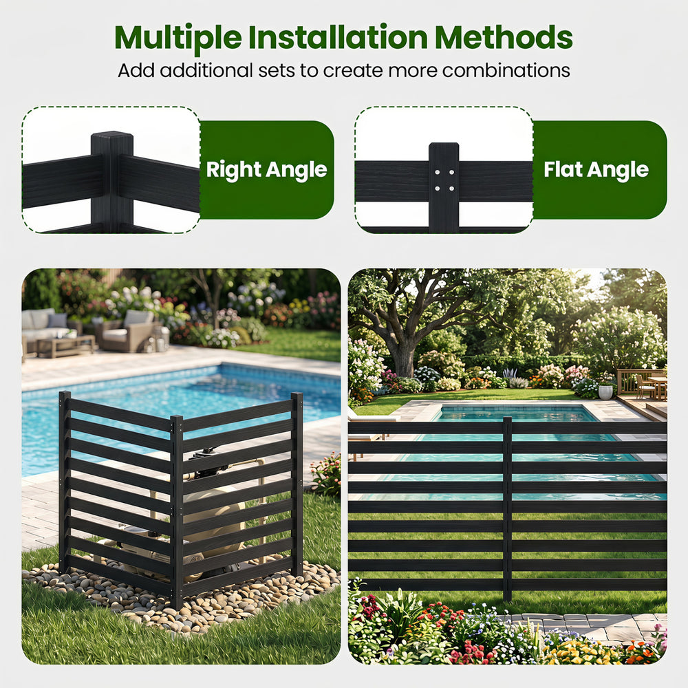 2-panel black wooden outdoor privacy fence with slatted design, ideal for flexible layouts and secure ground anchoring.