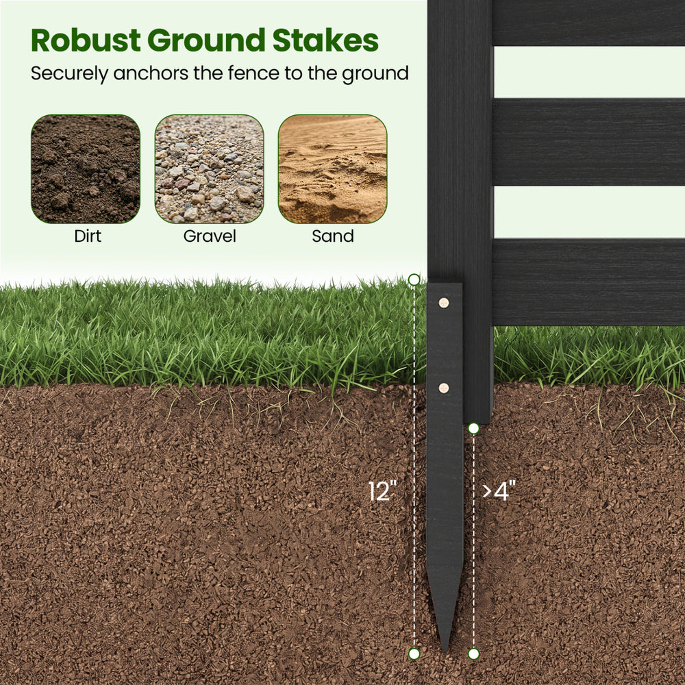 Robust ground stakes securely anchor the 2-panel wooden outdoor privacy fence to dirt, gravel, or sand surfaces.