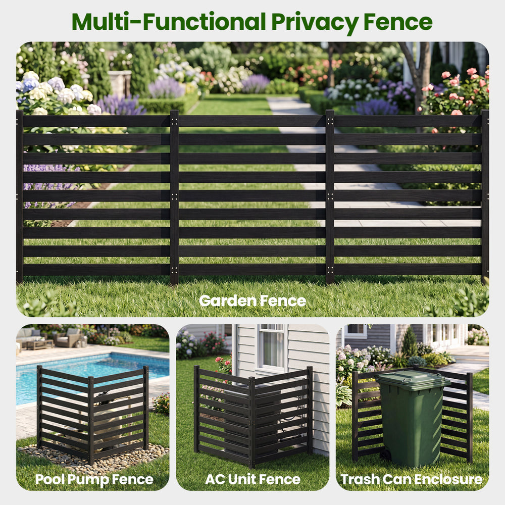 Black 2-panel wooden outdoor privacy fence with slatted design, ideal for enclosing AC units, pool pumps, or trash cans.
