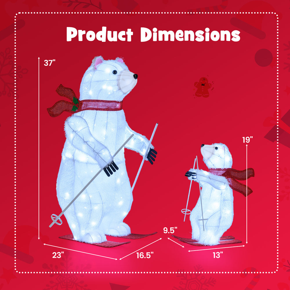 Animated skiing polar bears decoration showing dimensions, featuring bright LEDs and festive red scarves for outdoor.