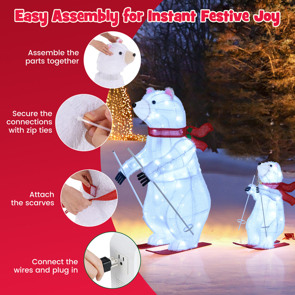 Animated skiing polar bears decoration with red scarves, glowing LEDs, and easy assembly for festive outdoor displays.