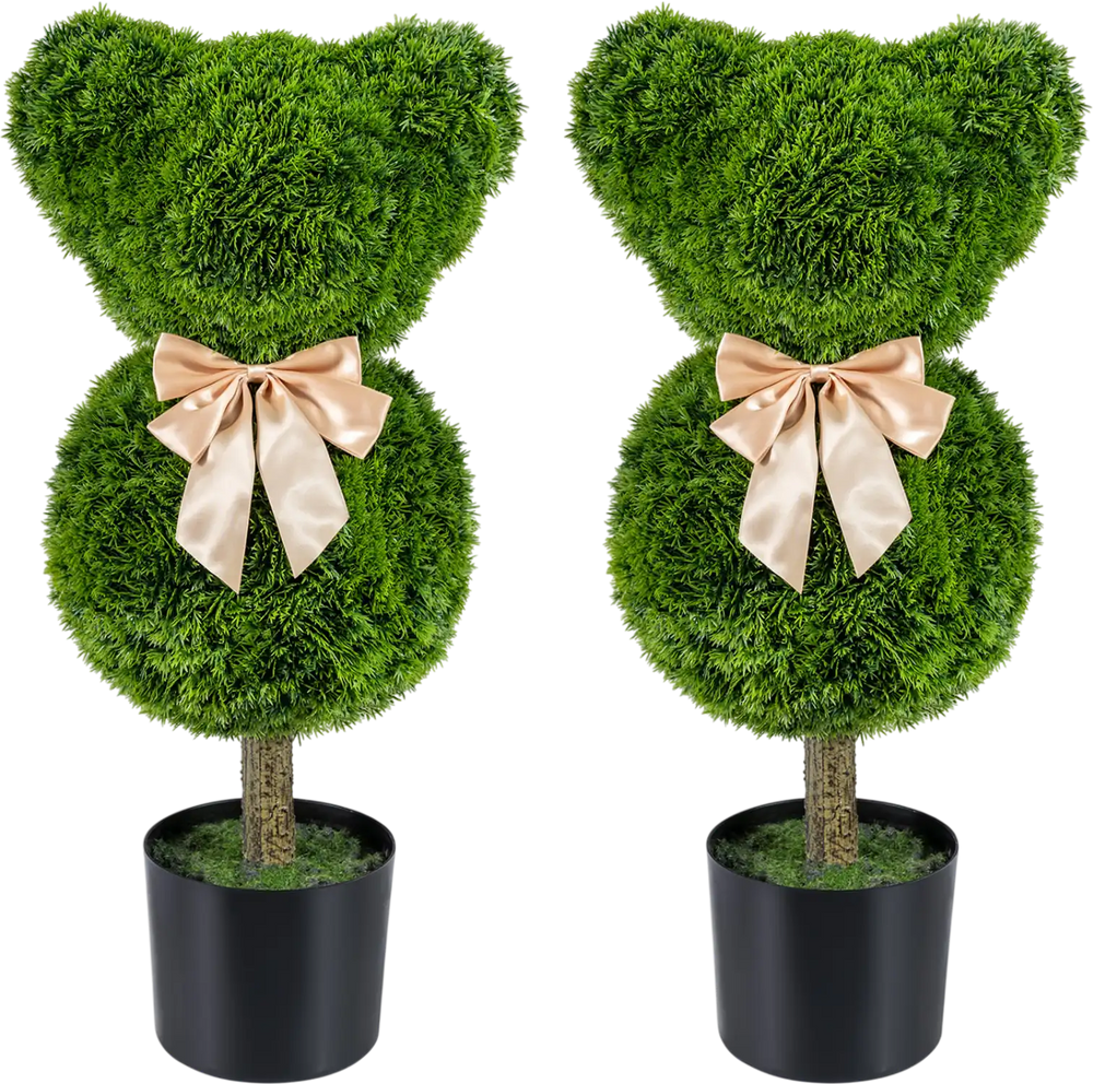 2 Pieces Bear Topiary Trees with Pots Sun-resistant Bear-Shaped Boxwood Faux Plants
