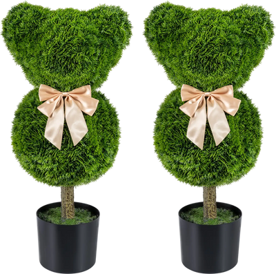 Costway 2-Pc Bear Topiary Trees w/ Pots Sun-Resistant Faux Boxwood Plants 28022530 New