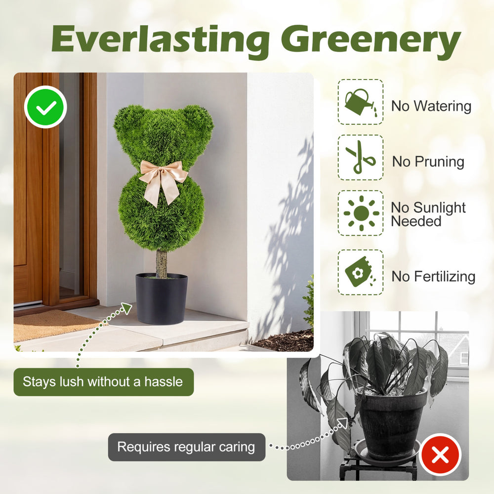 Bear-shaped topiary tree with fluffy leaves in a cement-filled pot, perfect for doorsteps and playful decor.