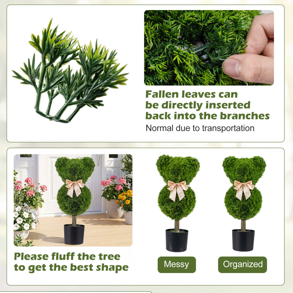 Bear-shaped topiary trees with golden bows in pots, made of sun-resistant faux boxwood for playful decor.